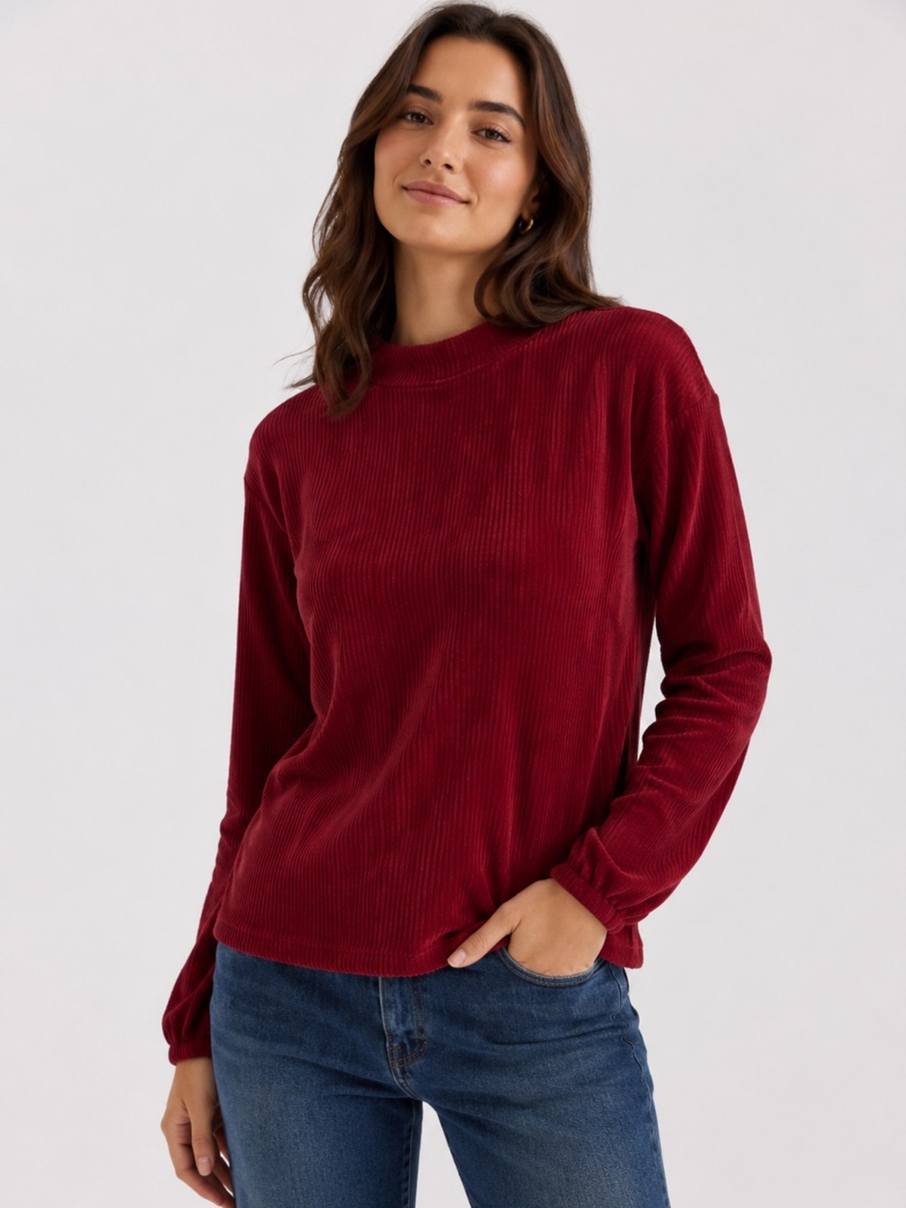 Promod Ribbed Velvet Long Sleeve Top Burgundy – Soft Stretch Knit - Size S
